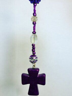 Purple Cross Car Mirror Charm • Beaded Rearview Mirror Accessory • Handmade
